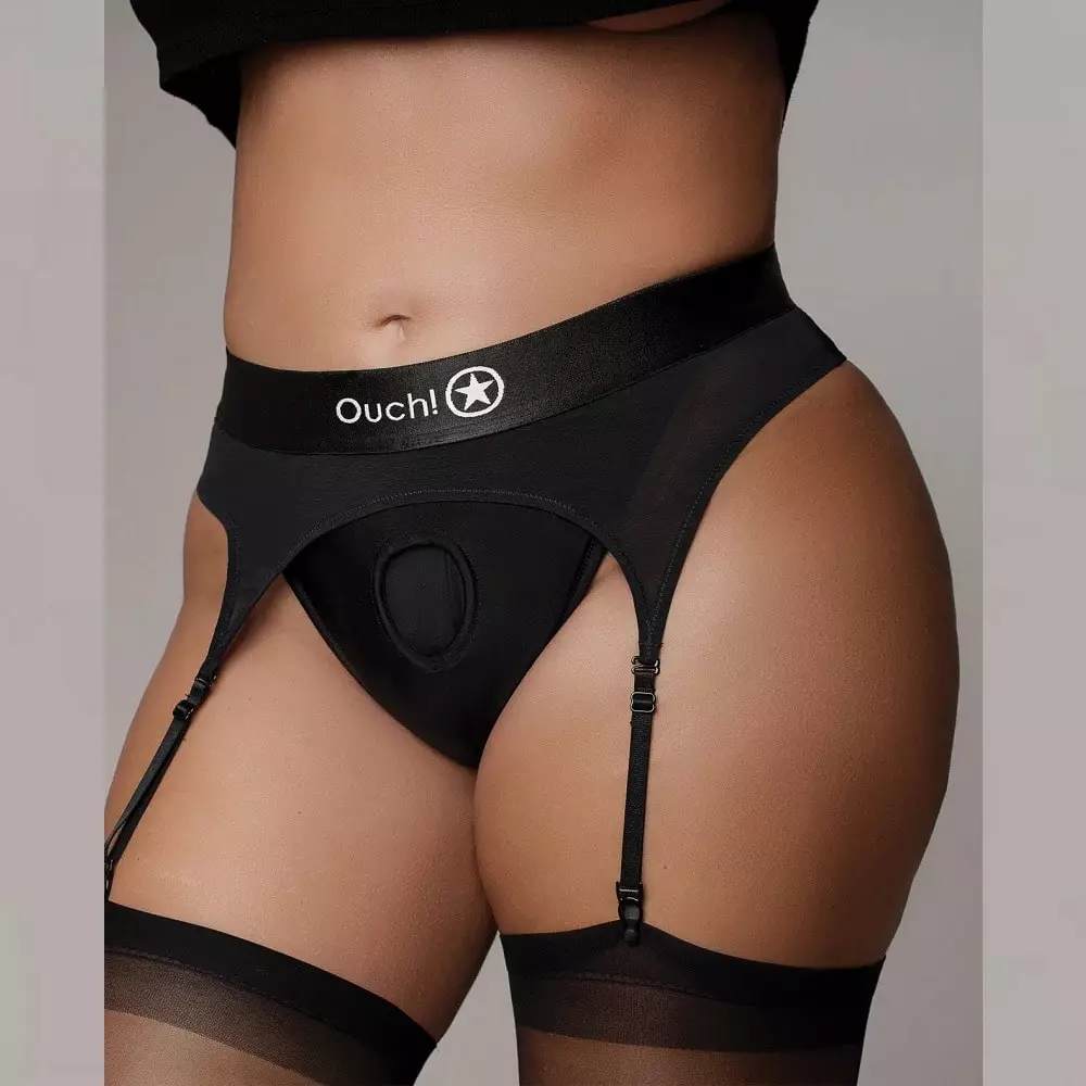 Ouch! Vibrating Strap-On Thong with Adjustable Garters - XL/XXL